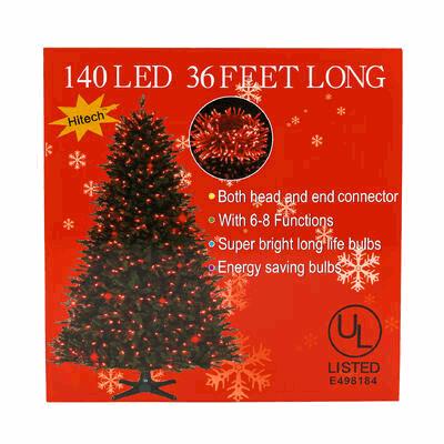 Hitech LED Christmas tree light set packaging with specifications on a red background