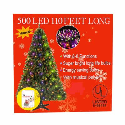 Hitech LED Christmas tree packaging with tree and product details on a red background