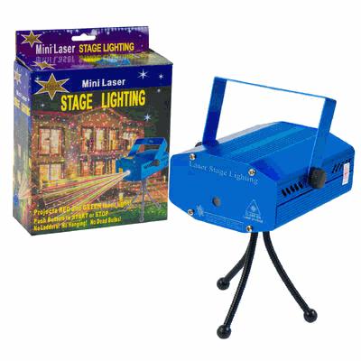 Blue mini laser stage lighting device with packaging on a white background