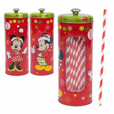 Three red cylindrical containers with cartoon characters and a straw inside one of them, on a white background.