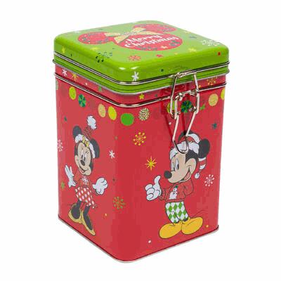 Red tin box with cartoon characters on a white background
