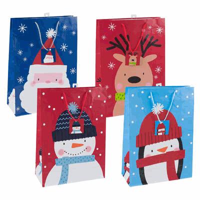 Four Christmas-themed gift bags with Santa, reindeer, snowman, and penguin designs on a white background.