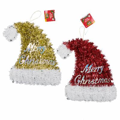 Two tinsel Christmas decorations shaped like a bell and a Santa hat with 'Merry Christmas' text on a white background.