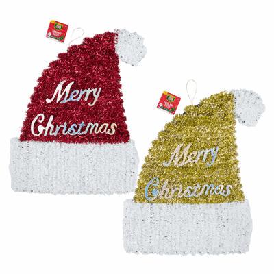 Two glittery Santa hats with 'Merry Christmas' text on a white background