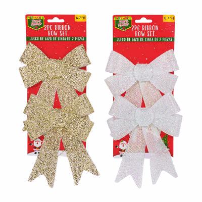 Two packages of Christmas ribbon bow sets with gold and white bows on a red background.