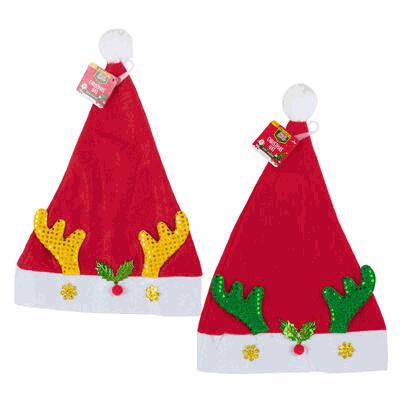 Two red Santa hats with yellow and green reindeer antlers on a white background