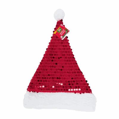 Red sequin Santa hat with a white rim on a white background