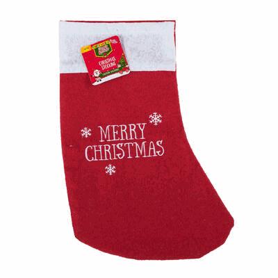 Red Christmas stocking with 'Merry Christmas' text on a white background