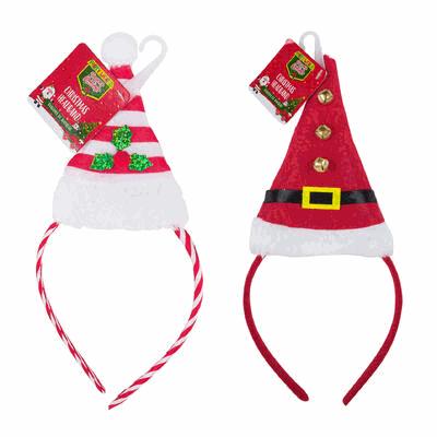Two Christmas-themed headbands with packaging on a white background