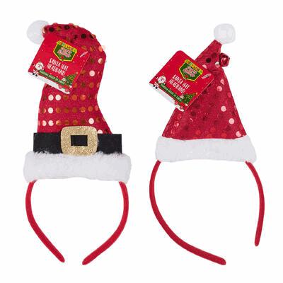 Two red Santa hats with white trim on headbands against a white background.