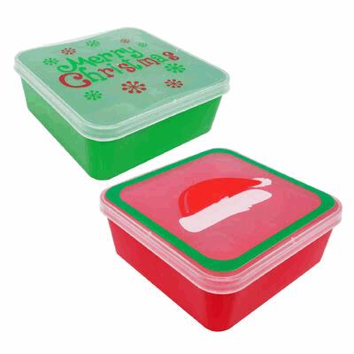 Two Christmas-themed containers with festive designs on a white background