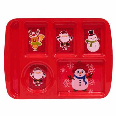 Red children's lunch tray with Christmas-themed illustrations on a white background