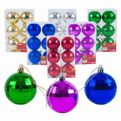 Assorted colorful Christmas ball ornaments with packaging on a white background