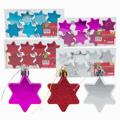 Star-shaped Christmas ornaments in red, purple, and silver with packaging on a white background.