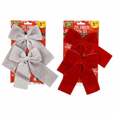 Two packages of ribbon bows, one gray and one red, on a white background.