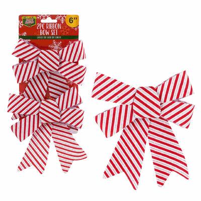 Red and white striped bows with packaging on a white background