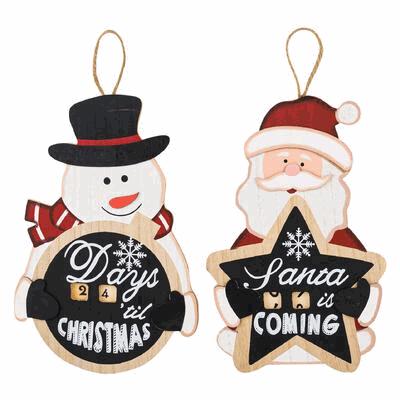 Two Christmas-themed wooden ornaments featuring a snowman and Santa Claus with decorative text.