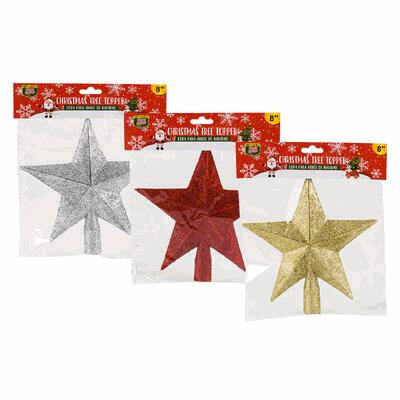 Three Christmas tree toppers in red, gold, and silver packaging on a white background