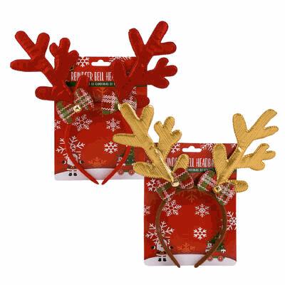 Red and gold reindeer antler headbands in packaging on a white background