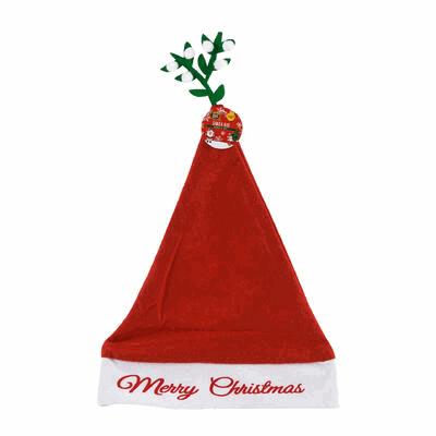 Red Santa hat with 'Merry Christmas' text and mistletoe on a white background