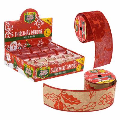 Red Christmas ribbon with holly design in a box on a white background