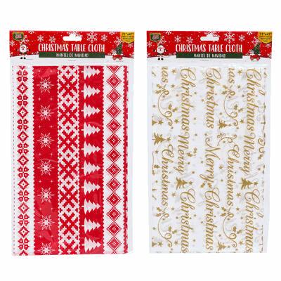 Two Christmas tablecloth packages with red and white patterns and gold text.