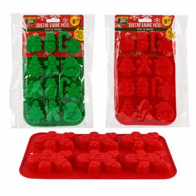 Silicone baking mold set with Christmas-themed shapes in green and red packaging.