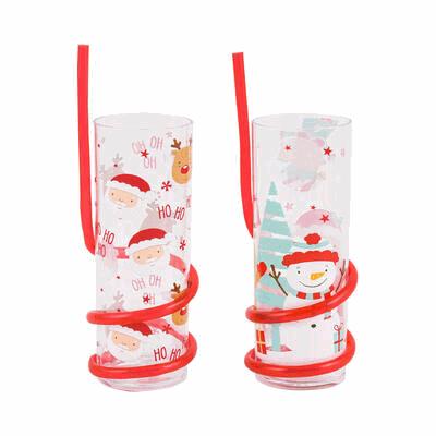 Two Christmas-themed tumblers with red straws on a white background