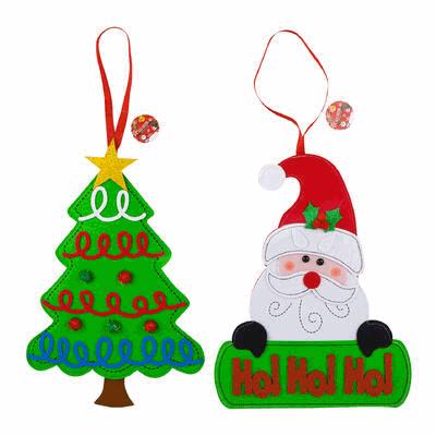 Two Christmas-themed decorations: a green tree with red accents and a Santa Claus figure with a hat and 'Ho! Ho! Ho!' sign.