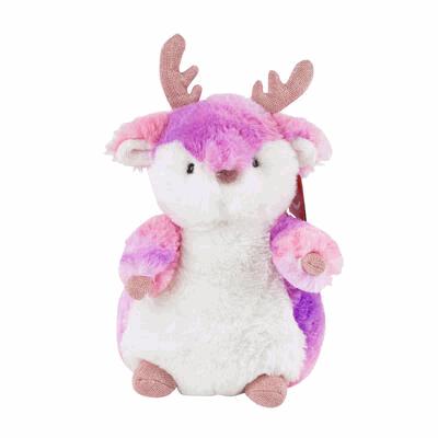 Plush toy resembling a deer with pink antlers and fur on a white background