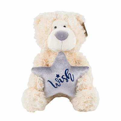 Plush teddy bear with a star-shaped pillow displaying the word 'Wish' on a white background