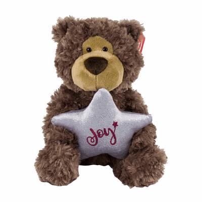 Plush teddy bear holding a star with 'Joy' on a white background