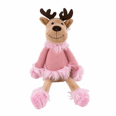 Plush toy reindeer in a pink outfit on a white background