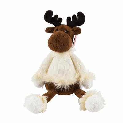 Plush moose toy with a white sweater on a white background