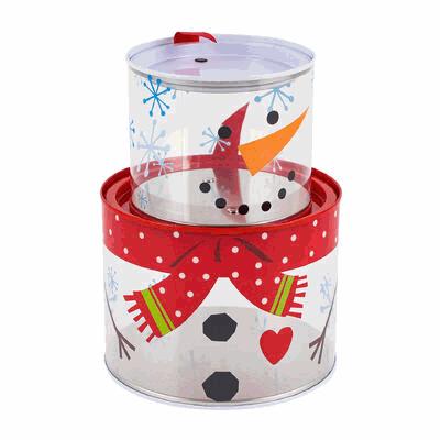 Snowman-themed tumbler with a red lid and decorative band on a white background