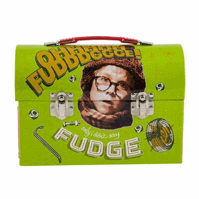 Green metal lunchbox with a portrait of a person wearing a hat and scarf, and text 'FUBBOGGEE! Only I didn't say FUDGE'.