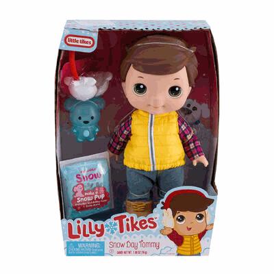 Lilly Tikes Snow Day Tommy toy figure in packaging with a snowman and snowball.