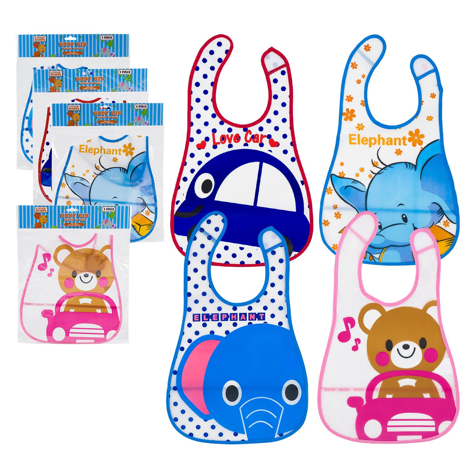 Little Mimos Baby Bib - 17'' - 1 Piece Per Pack - Mess Free - Assorted Design - Elephant