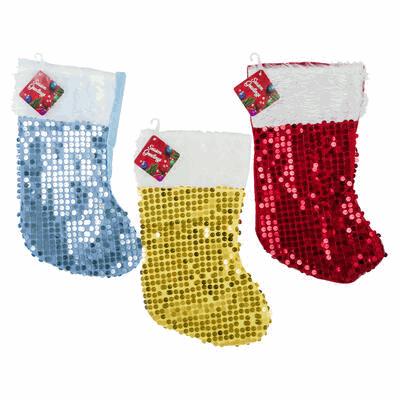 Three sequin stockings in blue, yellow, and red on a white background