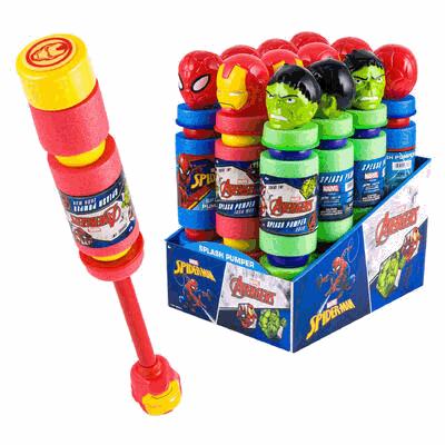 Superhero-themed bubble wands and containers with packaging on a white background