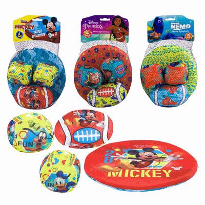Set of Disney-themed toys including balls and a disc on colorful packaging.
