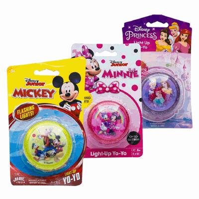 Three Disney-themed light-up yo-yos with packaging featuring Mickey Mouse, Minnie Mouse, and Princesses on a white background.