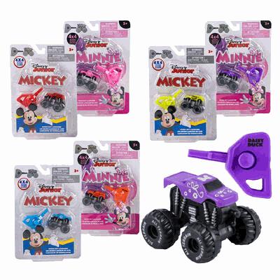 Toy monster truck set with Mickey and Minnie Mouse packaging on a white background
