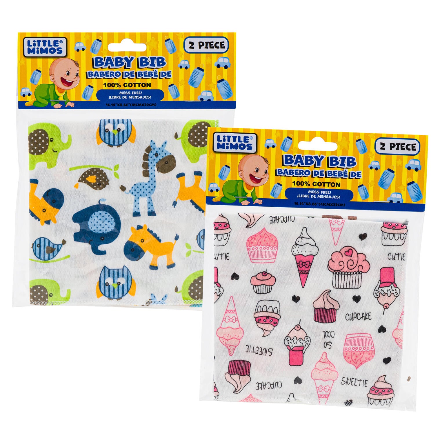 Little Mimos Baby Bib - 2 Pieces - 100% Cotton - Mess Free - Assorted