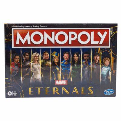 Monopoly Marvel Eternals board game box with character images on a white background