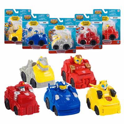 Toy cars in various colors with packaging on a white background