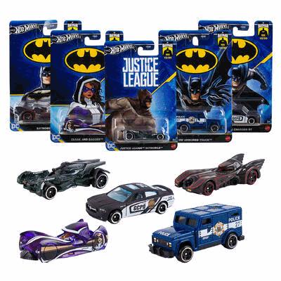 Collection of Hot Wheels Justice League toy cars in packaging