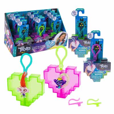 Trolls World Tour pixel heart keychains with packaging on a white background
