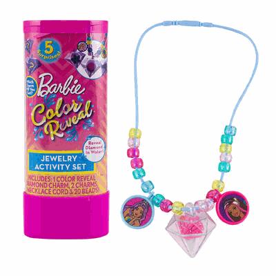 Barbie Color Reveal jewelry activity set with necklace and packaging on a white background