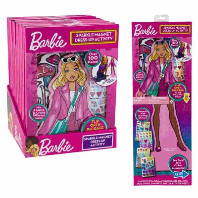 Barbie Sparkle Magnet Dress-Up Activity packaging with a doll and accessories on a white background